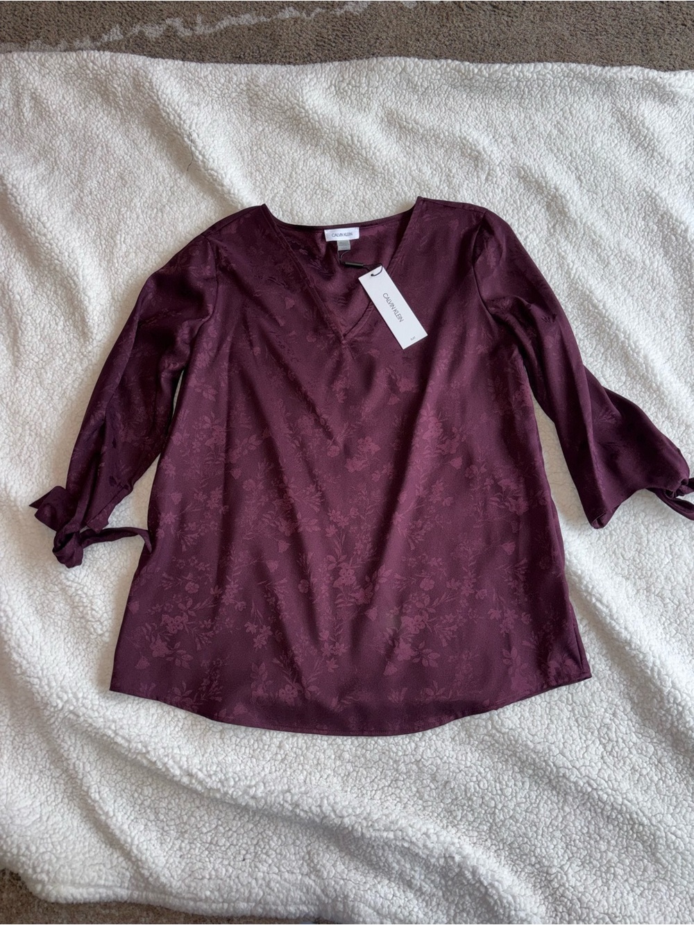 NWT Calvin Klein Plum Floral Tie-Sleeve Blouse